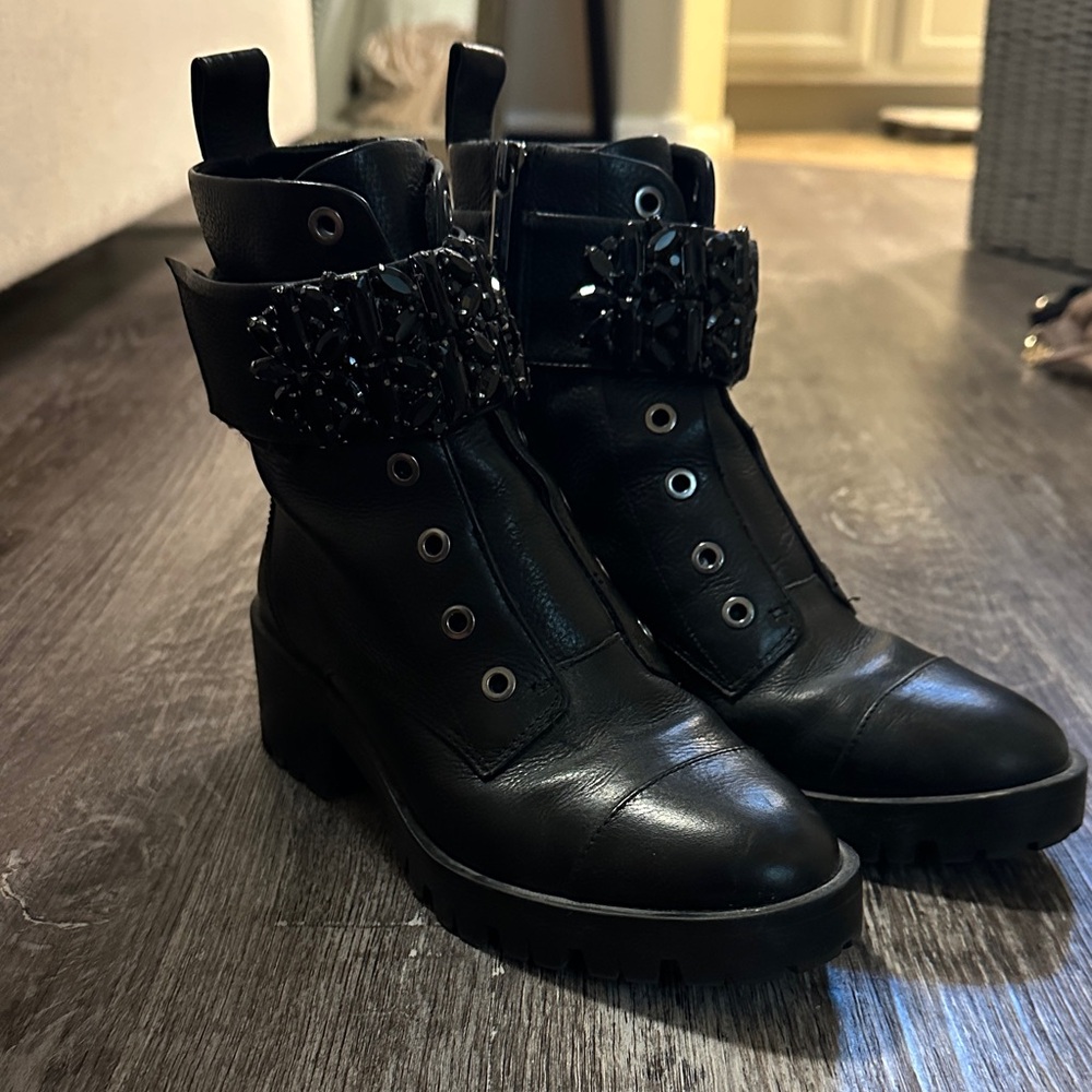 Karl Lagerfeld Black Combat Boots with Embellished Strap